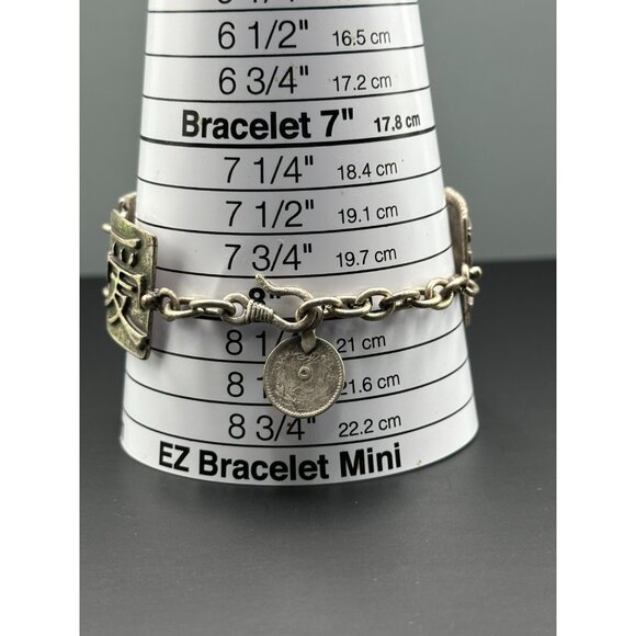 Vintage Bracelet Silver Tone Asian Character Link Chain Hook Clasp Adjustable - Picture 9 of 11